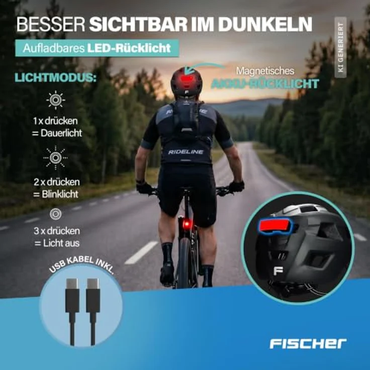 Fischer Fahrradhelm MTB Plus Andes L/XL, schwarz, mit integriertem Akku-Magnet-Rücklicht und FHPS-Sicherheitssystem – Bild 7