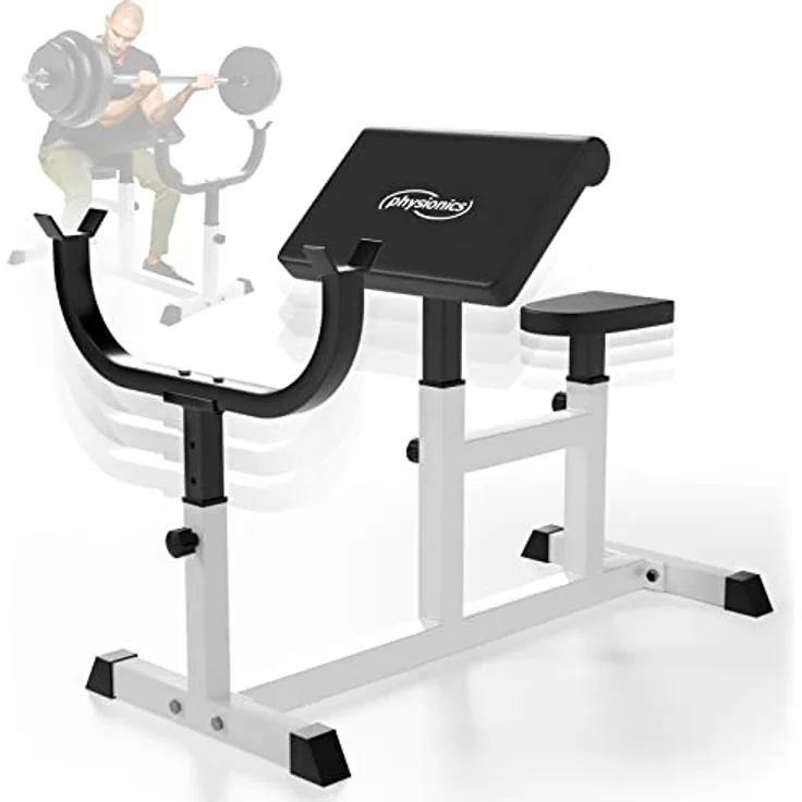 Physionics® Curlbank - Sitz 5-Fach, Armlehne 4-Fach, Langhantelablage 6-Fach höhenverstellbar, bis 200 kg belastbar- Curl Hantelbank, Curlpult, Bizepsbank, Scottbank, Curl-Maschine
