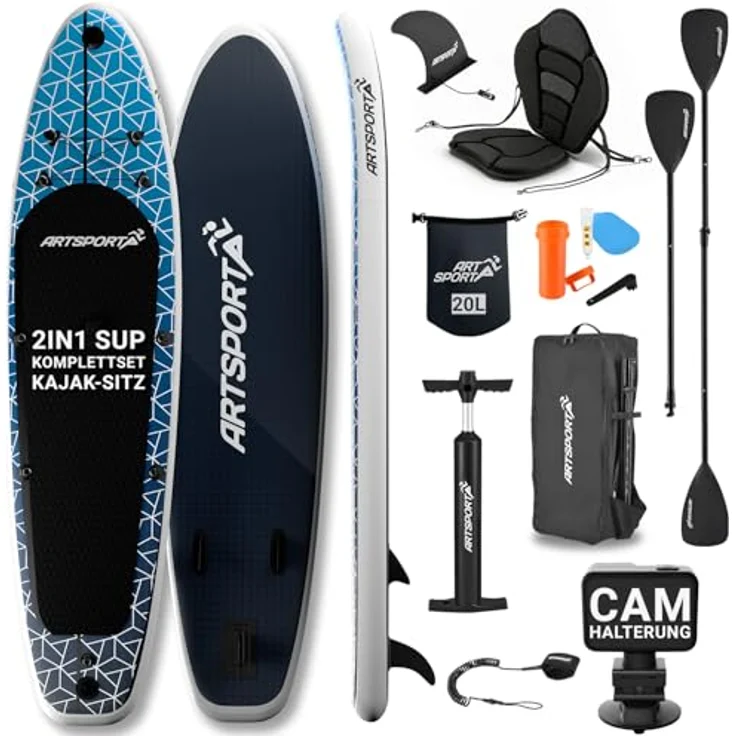 ARTSPORT® Stand Up Paddling Board Set Deep Ocean, aufblasbar 320 cm mit Kajaksitz, Action-Cam Halterung & Zubehör, 150 kg Tragkraft – Bild 1