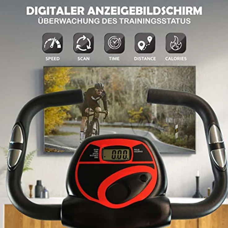 Fjoerdesports faltbarer Fahrradtrainer, Heimtrainer, Fitnessfahrrad LCD Trainingscomputer, klappbarer Hometrainer, inklusive Pulsmessung, maximales Benutzergerwicht 110 kg, 8 Widerstandsstufen (Rot) – Bild 2