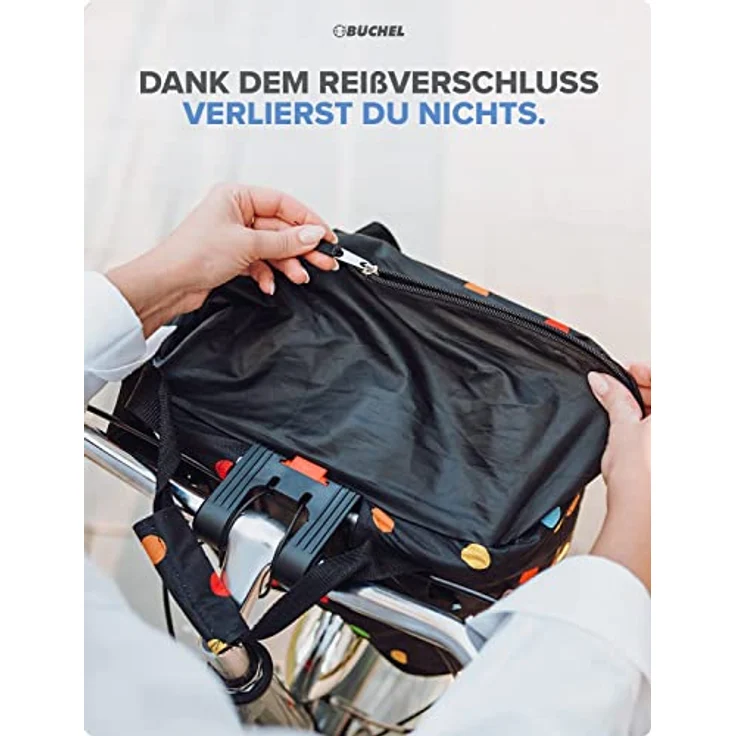 BÜCHEL Fahrradkorb vorne, faltbare Einkaufs-Tasche mit Express-Halterung, 20l Volumen, 5kg Zuladung, Reflexionsstreifen, für Lenker 22-26mm – Bild 4