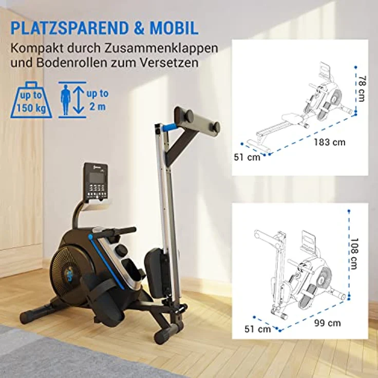 Capital Sports Rudergerät für Zuhause, Kompakter Rowshaper, Rudergerät Klappbar mit 8 Stufen, LCD-Monitor, Bodenrollen, Row Shaper mit Magnetwiderstand, Cardio-Rudergeräte, Fitnessgeräte für Zuhause – Bild 3