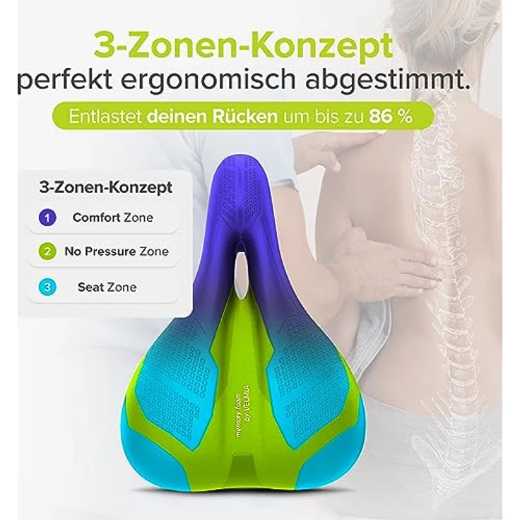 VELMIA Fahrradsattel [Trekking], ergonomischer und wasserdichter Fahrradsitz mit 3 Zonen Konzept für Damen und Herren, 18,6 cm breit – Bild 4