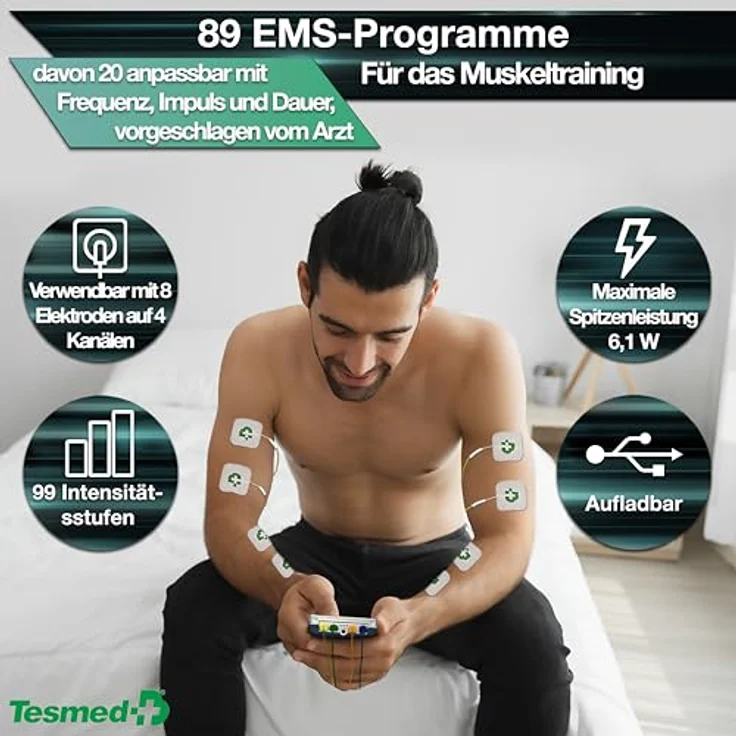 TESMED Max 830, Professionelles TENS/EMS/Massagegerät mit 4 Kanälen, 115 Programmen, 20 anpassbaren Programmen, wiederaufladbar, inkl. 20 Elektroden – Bild 3