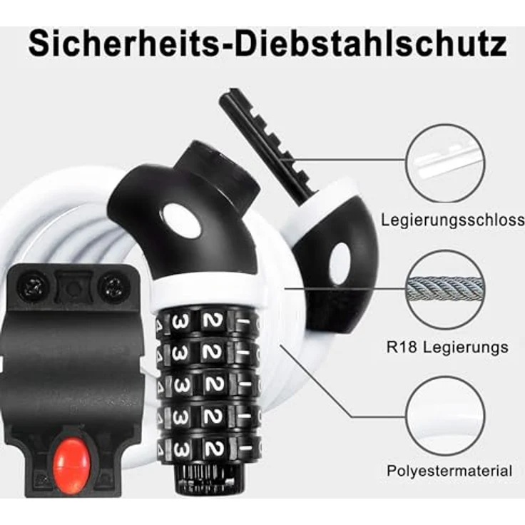 REHKITTZ Fahrradschloss 120 cm / 12 mm Kabelschloss, sehr hohe Sicherheitsstufe mit 5-stelligem Zahlencode, inklusive Befestigungsbügel, weiß – Bild 5