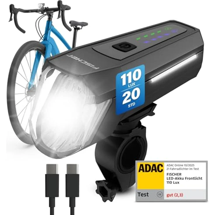 Fischer Fahrrad LED-Frontlicht 110 Lux, mit Sensormodus, Leuchtweiteneinstellung, bis zu 20 Stunden Leuchtdauer, schwarz – Bild 3
