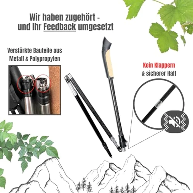 Muawo Premium Nordic Walking Stöcke, faltbar und verstellbar, ultraleicht 249g, 105-135cm Teleskopstange, 67% Carbon, komplett mit 3 Aufsätzen, ideal für Trekking und Walking – Bild 3