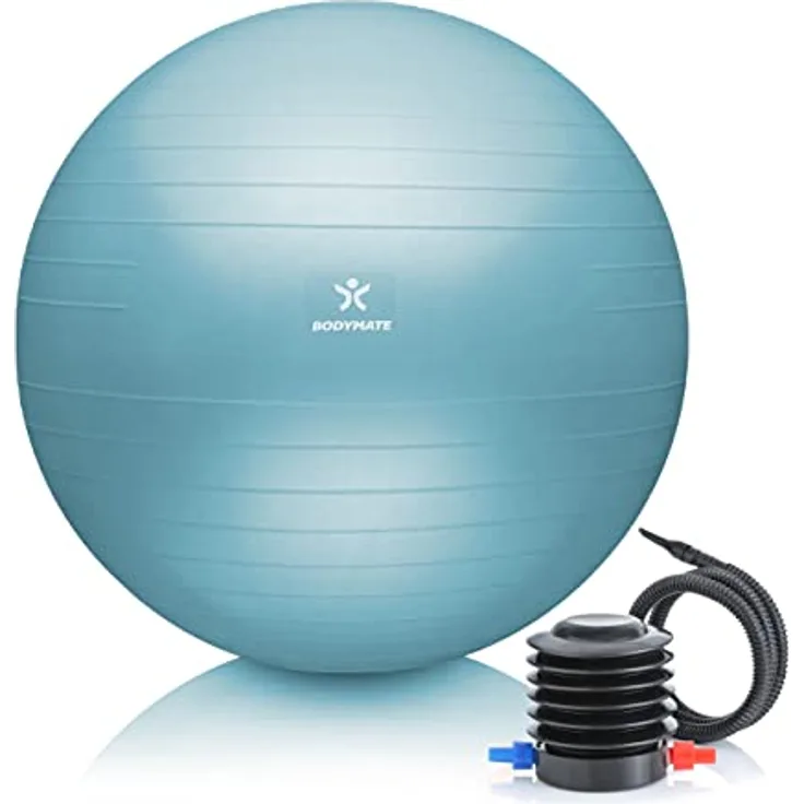 BODYMATE Gymnastikball Sitzball Trainingsball mit GRATIS E-Book inkl. Luft-Pumpe, Ball für Fitness, Yoga, Gymnastik, Core Training, für starken Rücken als Büro-Stuhl ICY Blue 65cm