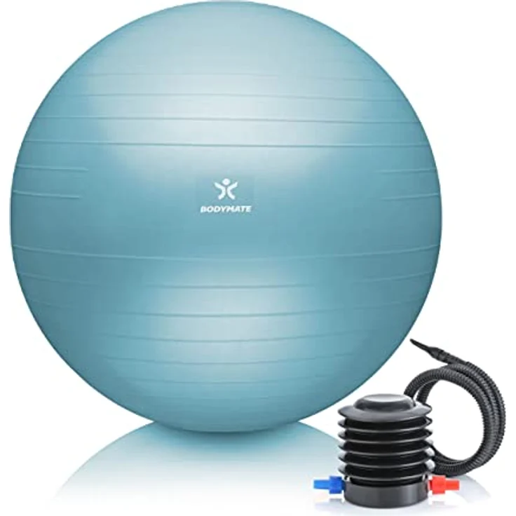 BODYMATE Gymnastikball Sitzball Trainingsball mit GRATIS E-Book inkl. Luft-Pumpe, Ball für Fitness, Yoga, Gymnastik, Core Training, für starken Rücken als Büro-Stuhl ICY Blue 65cm – Bild 1