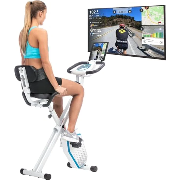 skandika Foldaway X-1000 PLUS Fitnessbike Heimtrainer X-Bike mit Handpuls-Sensoren, Bluetooth Computer, Tablet-Halterung, Rückenlehne (weiß/blau) – Bild 1