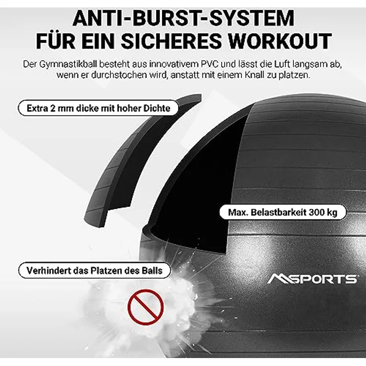 MSPORTS Gymnastikball Premium Anti Burst inkl. Pumpe 55 cm - 105 cm Sitzball - Fitnessball inkl. Übungsposter Medizinball (65 cm, Anthrazit) – Bild 3