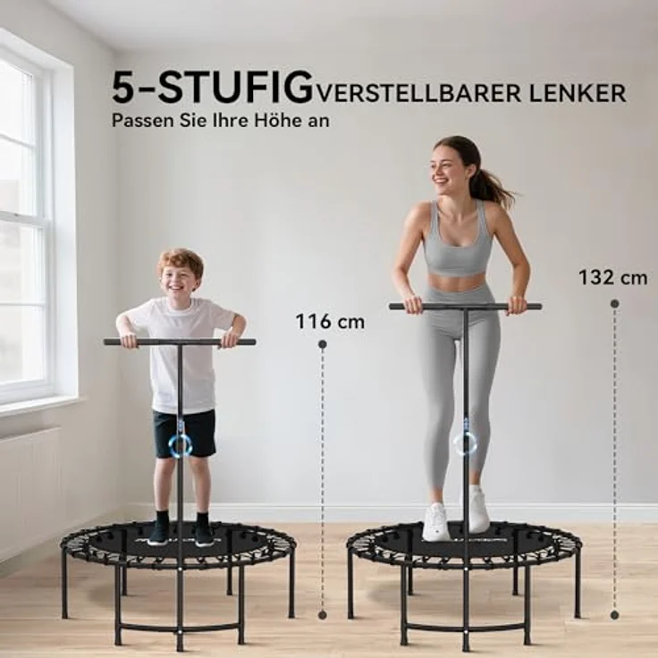SPORTNOW Fitness Trampolin klappbar Ø102 cm, Mini Trampolin mit höhenverstellbarem Haltegriff 116-132 cm, leise Gummiseilfederung, belastbar bis 100 kg, für Indoor und Outdoor Jumping – Bild 3