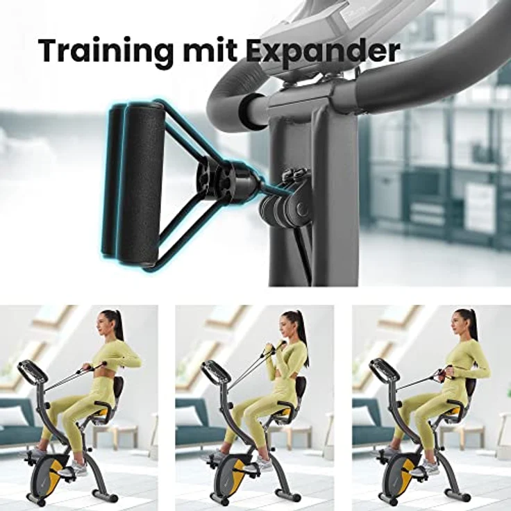HS HOP-SPORT 3-in-1 Fitness Heimtrainer klappbar HS-3010x Grix - Fitnessfahrrad mit Rückenlehne, Widerstandsbändern, LCD-Display (Grau/Gelb) – Bild 5