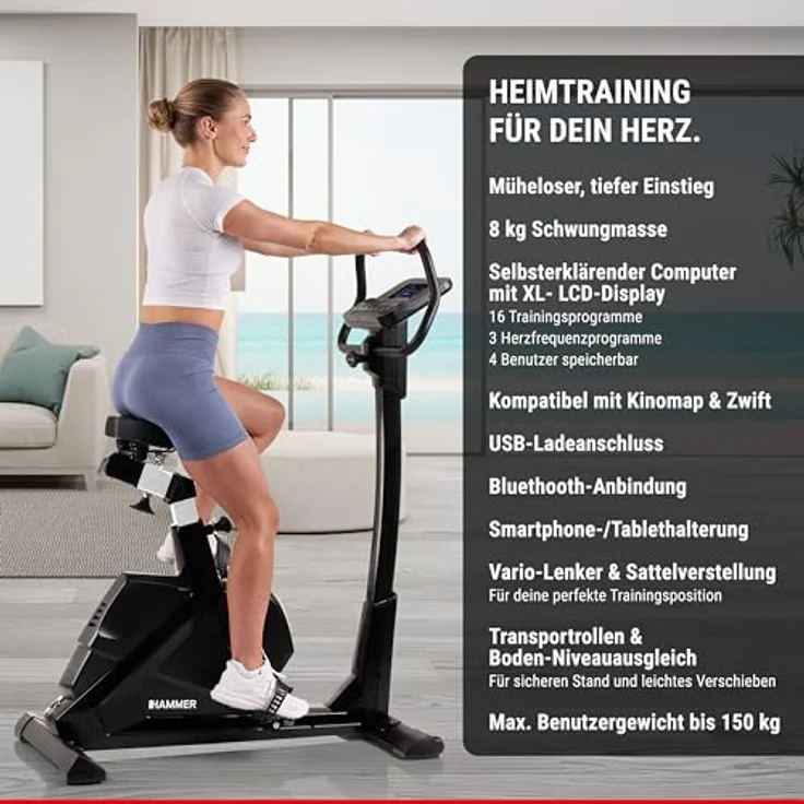 HAMMER Ergometer Varon XTR II, Fitnessbike, Heimtrainer für Zuhause mit tiefem Einstieg, XL-Display, 16 Trainingsprogramme, Bluetooth Anbindung, kompatibel mit Kinomap & Zwift – Bild 2