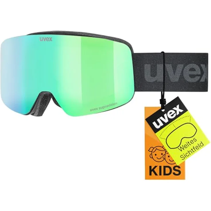 uvex pwdr FM Skibrille für Kinder, beschlagfrei mit Visier, zylindrische Doppelscheibe, black matt/green-clear, one size