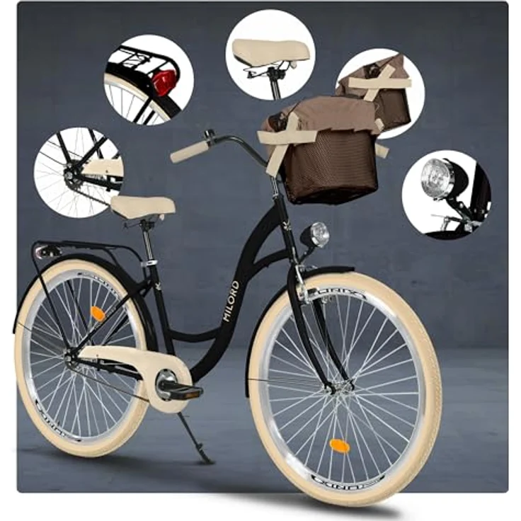 Milordbikes City-Fahrrad, Schwarz und Creme, Metall, 46 cm, leicht rollende City-Reifen, mit hinterem Träger – Bild 7