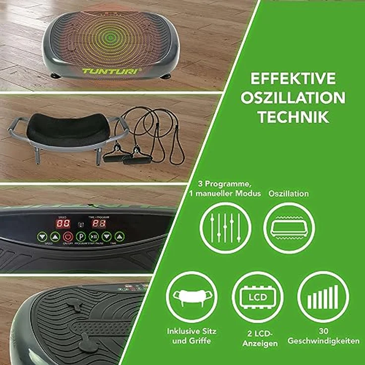 Tunturi Vibrationsplatte Cardio Fit V10 mit Schwingungen, 3 Programme, 30 Geschwindigkeiten, Hocker, Fernbedienung und Trainingsbänder – Bild 4