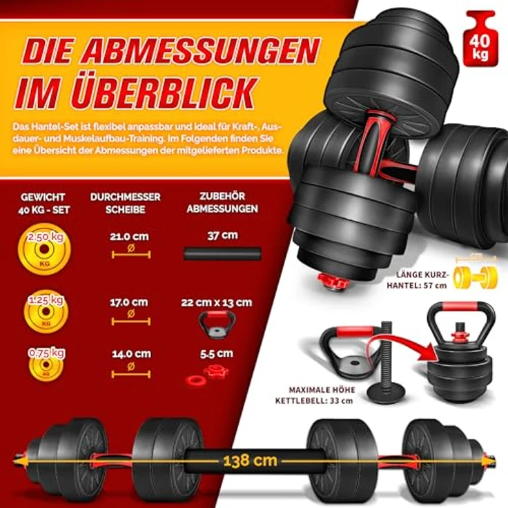 RE:SPORT 2 in 1 Hanteln Set mit Kettlebell, verstellbar bis 40kg, Kurzhantel & Langhantel, mit Sicherheitsverschlüssen und Verbindungsrohr – Bild 4