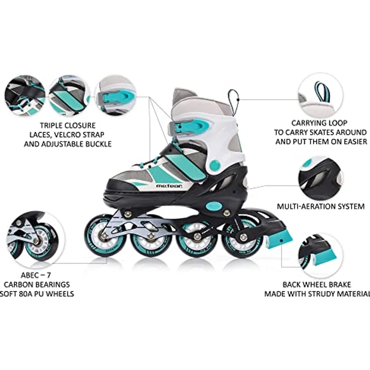 Meteor ROX Inlineskates Kinder, Rollschuhe S 30-33 in mint, höhenverstellbar, Aluminiumrahmen, ABEC-7 Lager – Bild 2