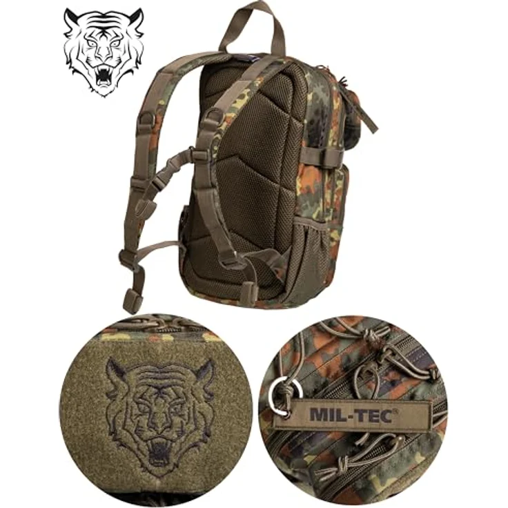 Mil-Tec US Assault Pack Kinderrucksack (14l) • Taktischer Rucksack mit 2 großen Fächern und 2 Fronttaschen • Verstellbare Schulter- und Brustgurte • Farbe: Flecktarn – Bild 2