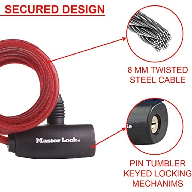 Master Lock Fahrradkabelschloss 8127 EURD PRO, 1,8 m wetterfestes Stahlkabel mit Schlüssel, zufällige Farbe für Fahrräder und Sportgeräte – Bild 3