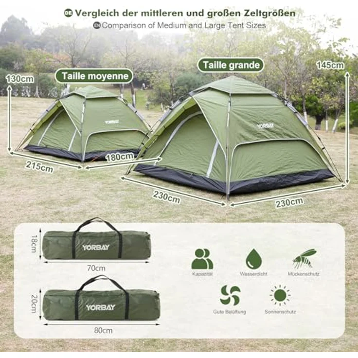 Yorbay 2 in 1 Pop Up Camping Zelt für 2-3 Personen, doppelwandig Wasserdicht UV-Schutz Kuppelzelt Grün – Bild 4