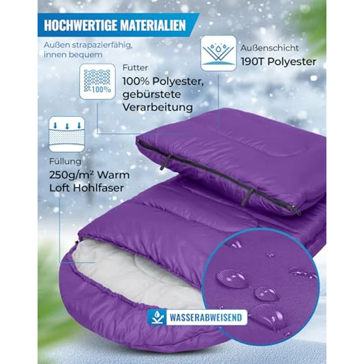 KingCamp Oasis Deckenschlafsack für Erwachsene, wasserabweisend, leichtgewicht, 3 Jahreszeiten, Violett, 220 × 75 cm – Bild 4