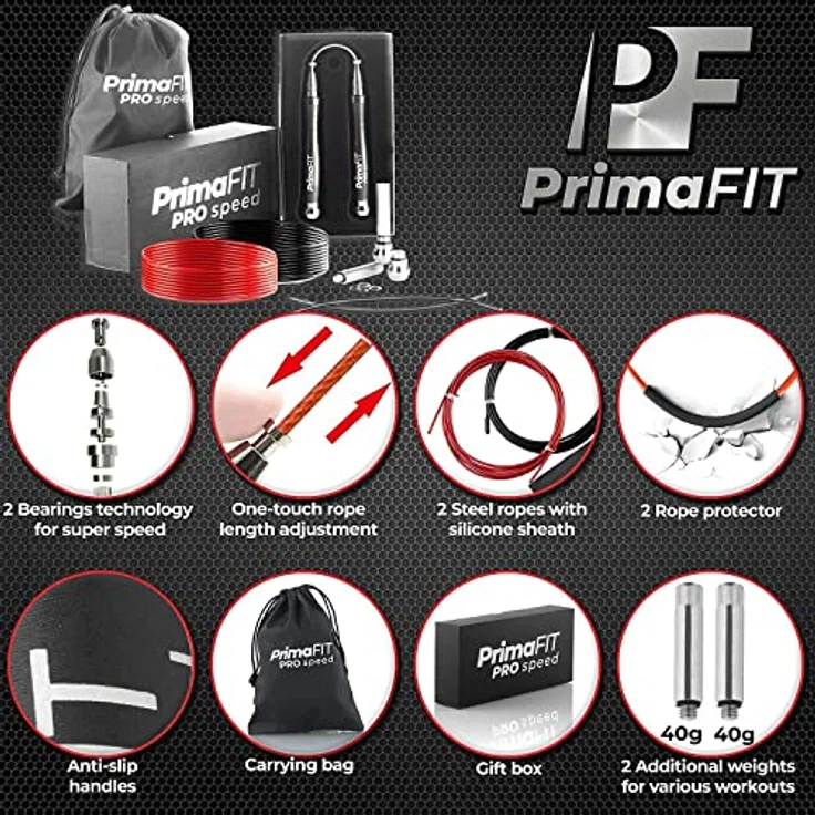 PrimaFIT Pro Speed Jump Rope, 3m verstellbares Springseil für Erwachsene mit Gewichten, 2 Kugellager, Anti-Rutsch Griffe, ideal für Boxen, MMA und Crossfit, inklusive Tragetasche – Bild 2