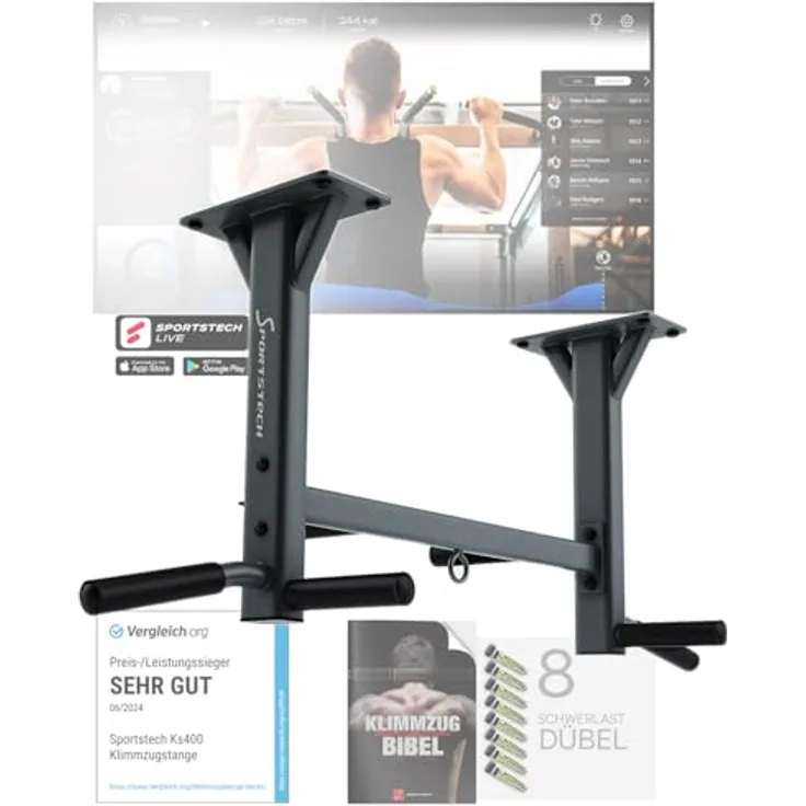 Sportstech 4in1 Klimmzugstange KS400 Deckenmontage, Deutsche Qualitätsmarke, Pull Up Bar, 6 rutschfeste Griffe, Ösen für Boxsack & Ropes