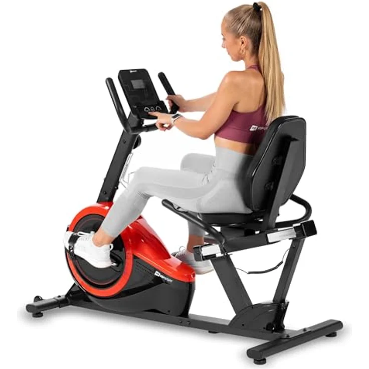 HS HOP-SPORT Liegeergometer HS-060L - Liegeheimtrainer mit Handpulssensoren, 15 kg Schwungmasse, 8 Widerstandsstufen - Sitzergometer für Senioren max. Benutzergewicht 130 kg rot – Bild 3