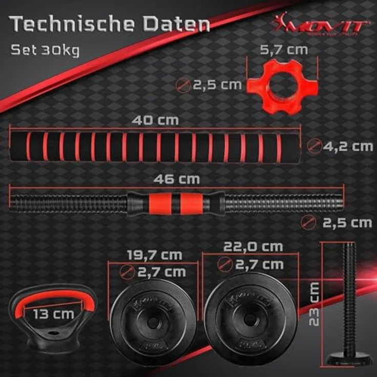 MOVIT 6in1 Hantelset 30 kg rot, Profi Hantel Set mit 2 Kurzhanteln, Kettlebell, Liegestützgriffen und verstellbaren Langhanteln – Bild 4