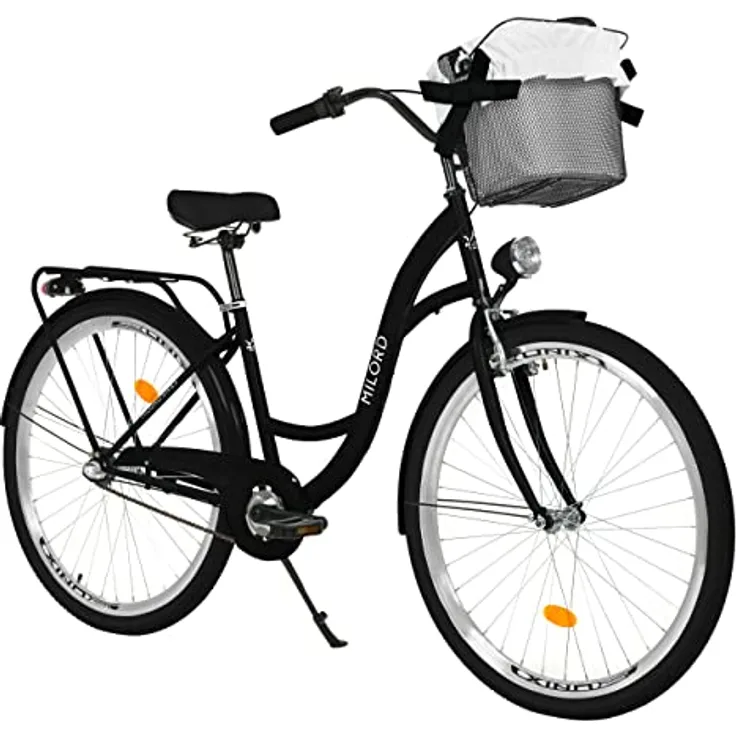 Milordbikes City-Fahrrad, Schwarz, 46 cm, Metallrahmen, für Freizeit und Fitness, mit Aluminiumfelgen und hinterem Träger