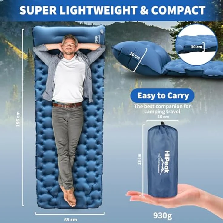 HiiPeak Isomatte Hoch mit integriertem Kopfkissen, ultraleichte Campingluftmatratze mit Fußpumpe, wasserdicht, 198 x 70 cm, kleines Packmaß 28 x 10 cm, grau – Bild 2