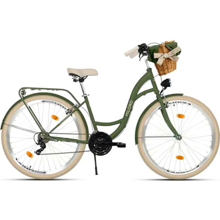 MILORD Damenfahrrad Citybike Komfort, 21-Gang Hollandrad mit Weidenkorb, 26 Zoll, Khaki-Creme – Bild 2