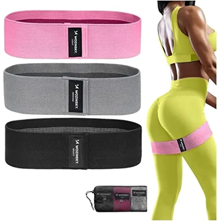 WOZINSKY 3 x Fitnessbänder, Gymnastikbänder in Grau, Rosa und Rot, Trainingsbänder für Ganzkörpertraining, Yoga und Pilates in 3 verschiedenen Stärken