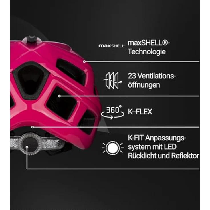 KED Crom Fahrradhelm, Mountainbike- und Trekkinghelm mit LED Rücklicht, FIDLOCK Verschluss und Insektenschutznetz, Pink Black Glossy, Größe 57-62 (L) – Bild 3