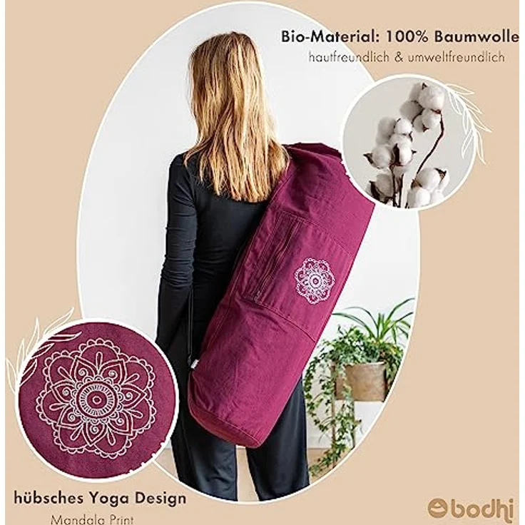 Bodhi SURYA BAG COTTON | Yogatasche groß für Schurwollmatten & Yogamatten | Tasche aus 100% Baumwolle im XL-Format | Sporttasche mit Mandala Design | aubergine – Bild 3