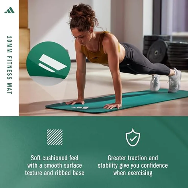 Adidas Fitness Mat 10mm, Yogamatte in Dunkelgrün mit rutschfester Oberfläche und elastischem Tragegurt – Bild 4