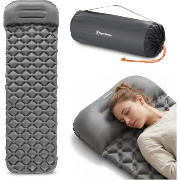 HyperMotion Campmat, ultraleichte Isomatte 190x56 cm mit integriertem Kopfkissen, grau – Bild 2
