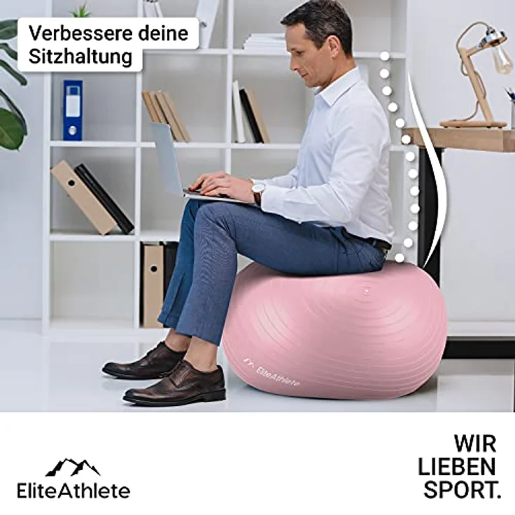 EliteAthlete Gymnastikball Sitzball Büro ergonomisch mit Anti Burst System - Fitness Pilates Schwangerschaft - Schwangerschaftsball Fitnessball Yogaball - Yoga Ball 55cm inkl. Luftpumpe – Bild 3