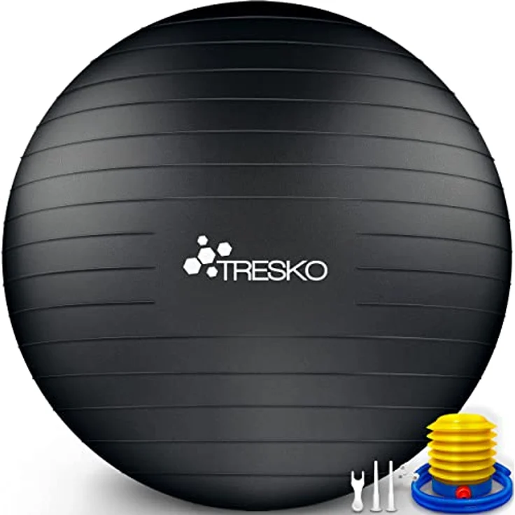 TRESKO Gymnastikball mit GRATIS Übungsposter inkl. Luftpumpe - Yogaball BPA-Frei | Sitzball Büro | Anti-Burst | 300 kg,Schwarz,65cm (für Körpergröße 155 - 175cm) – Bild 1