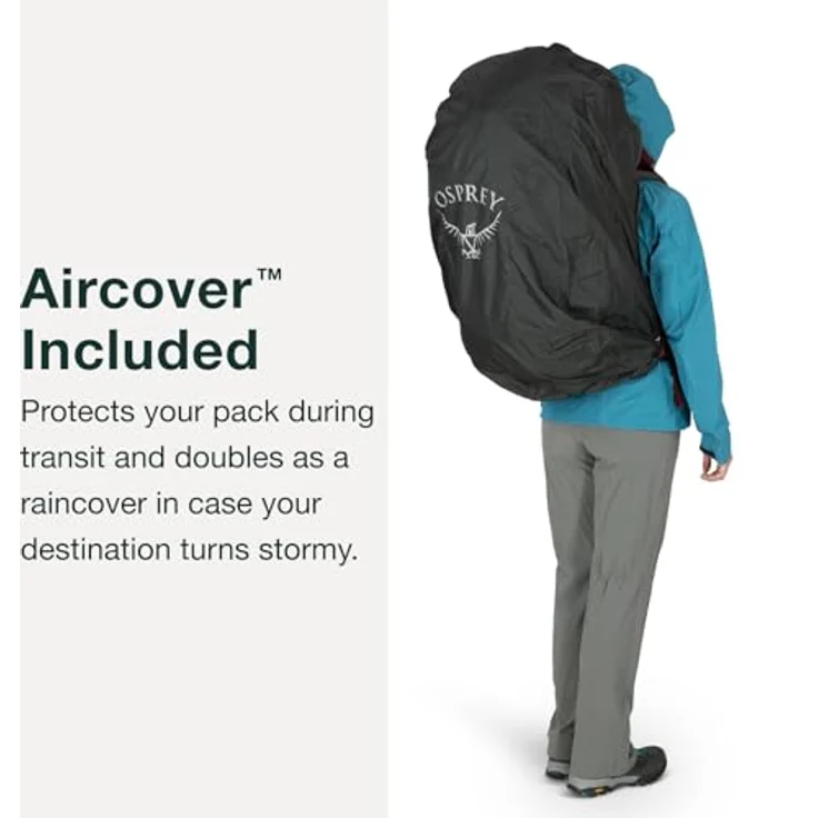 Osprey Europe Damen Fairview Trek 70 Reiseset, Wanderrucksack mit belüftetem Airspeed-Trampolin, integrierter wasserdichter AirCover Reisetasche, blau – Bild 4