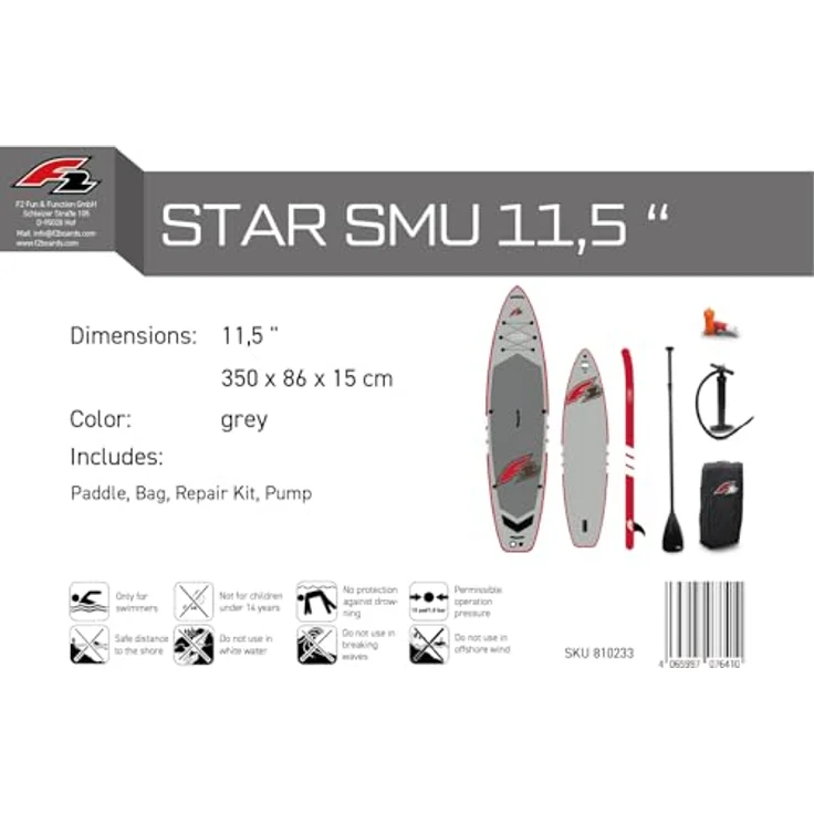 F2 SUP Stand Up Paddle Board Star 350cm (11,5'), Allround-Board mit Dropstitch-Konstruktion, grau – Bild 6
