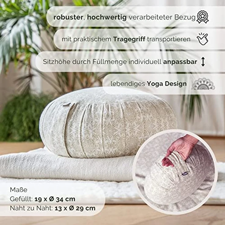 Bodhi Meditationskissen ZAFU | Sitzkissen mit Dehnfalten & praktischem Tragegriff | Bezug aus 100% Baumwolle | Bio-Dinkelfüllung | Höhe 19 cm | Maharaja Collection (Mandala/dunkelblau) – Bild 4