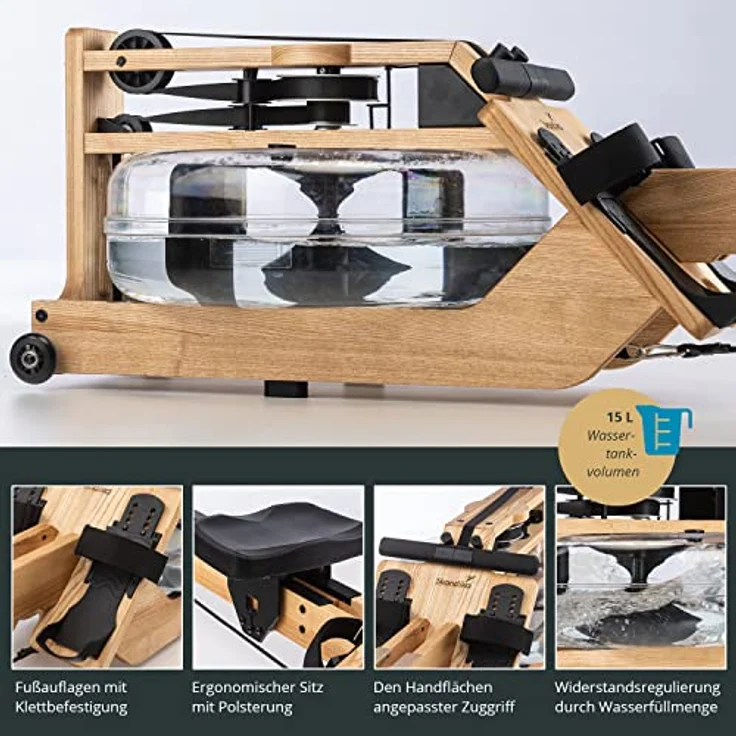 Skandika Wasserrudergerät Styrke | Designed and Made in Germany, Rudergerät Wasser aus Holz, Kinomap App-Funktion, Wasserrudergerät für Zuhause, Massive Esche, naturnahes Rudern – Bild 4