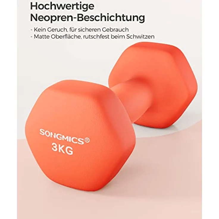 SONGMICS Hanteln, 2er Set, 2 x 3 kg, Hantelset, Kurzhanteln, Hexagon, Neopren-Beschichtung, Krafttraining, Workout, Fitnesstraining, für Zuhause, orange SYL906O01 – Bild 2