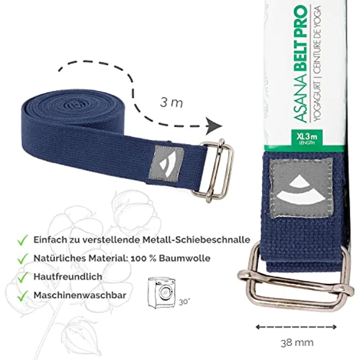 ASANA BELT PRO Yogagurt mit Metall-Verschluss, Schiebe-Schnalle eckig, langer Gurt aus Baumwolle, Yoga Hilfsmittel, 3 m x 38 mm, Yogazubehör – Bild 3