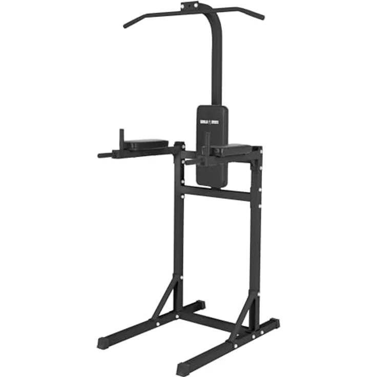 GORILLA SPORTS® Power Tower Klimmzugstation, multifunktional mit Dip-Station, gepolsterter Rückenlehne, schwarz, für Zuhause, max. Belastbarkeit 90 kg – Bild 1