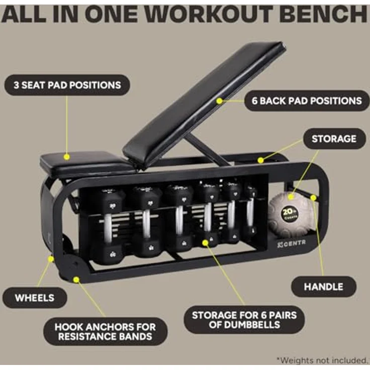 Centr Fusion Bench, Hantelbank mit verstellbarer Lehne, 6 Rücken- und 3 Sitzpositionen, inkl. Stauraum für Hanteln und Kettlebell – Bild 2