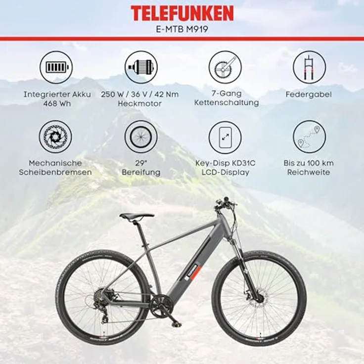 Telefunken E-Bike Aufsteiger M919, 29 Zoll E-MTB mit 7 Gang Shimano Tourney Schaltwerk, Heckmotor und 468 Wh Akku – Bild 7